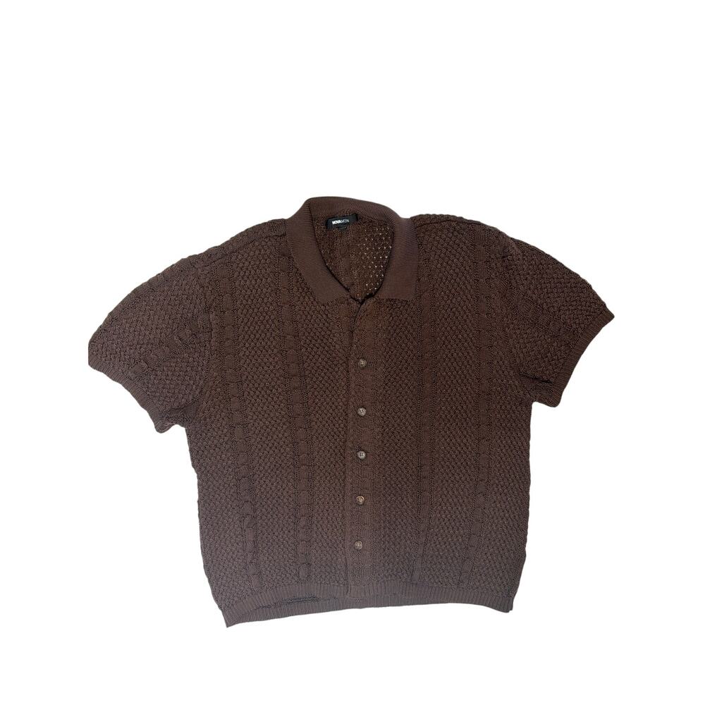 Nova Men Men's XL Brown Knit Crochet Camp Collared Shirt Button Down Beach Miami
